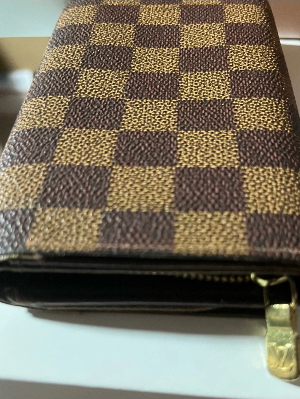 Louis Vuitton Brown Checkered wallet with Gold-Tone Snap and zipper